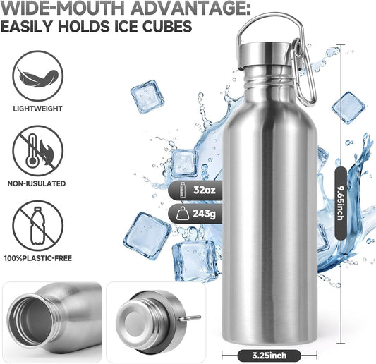32Oz Uninsulated Single Walled Water Bottles 2 Pack, Stainless Steel Sports Water Bottle with Handle, BPA Free Lightweight Water Bottles for Hiking, Biking, Running（Silver,2）