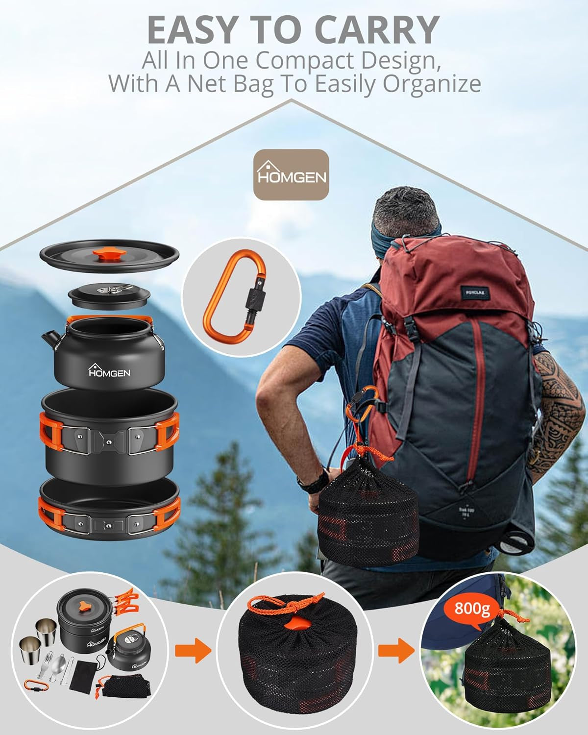 Portable Ultralight Anodized Aluminum Camping Cookware Set - Nesting Camping Pot and Pan-800Ml Insulated Teapot-Carrying Bag-For Camping Hiking Picnic RV Trip