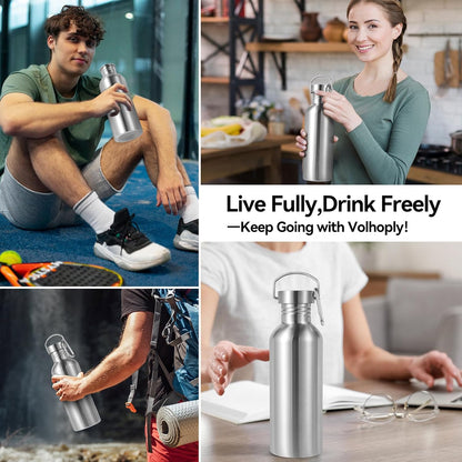 32Oz Uninsulated Single Walled Water Bottles 2 Pack, Stainless Steel Sports Water Bottle with Handle, BPA Free Lightweight Water Bottles for Hiking, Biking, Running（Silver,2）