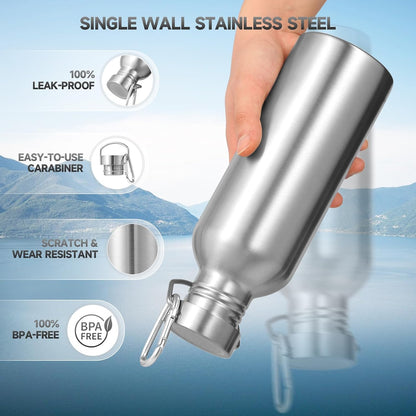 32Oz Uninsulated Single Walled Water Bottles 2 Pack, Stainless Steel Sports Water Bottle with Handle, BPA Free Lightweight Water Bottles for Hiking, Biking, Running（Silver,2）