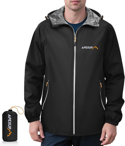 Packable Rain Jacket Men with Reflective Zipper, Lightweight Waterproof Raincoat, Mens Rain Jacket for Outdoor Sports