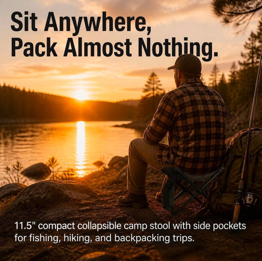 11.5" Tall Compact Collapsible Stool, Portable Folding Camp Stool with 2 Side Pockets, Lightweight Mini Folding Stool for Adults, Small Backpacking Stool for Fishing Hiking Trips