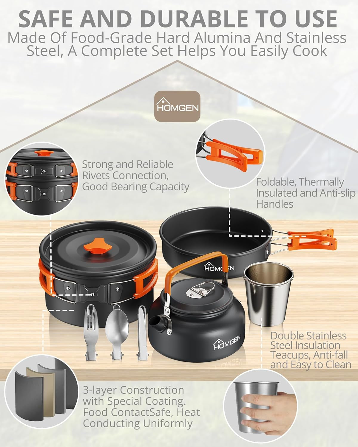 Portable Ultralight Anodized Aluminum Camping Cookware Set - Nesting Camping Pot and Pan-800Ml Insulated Teapot-Carrying Bag-For Camping Hiking Picnic RV Trip