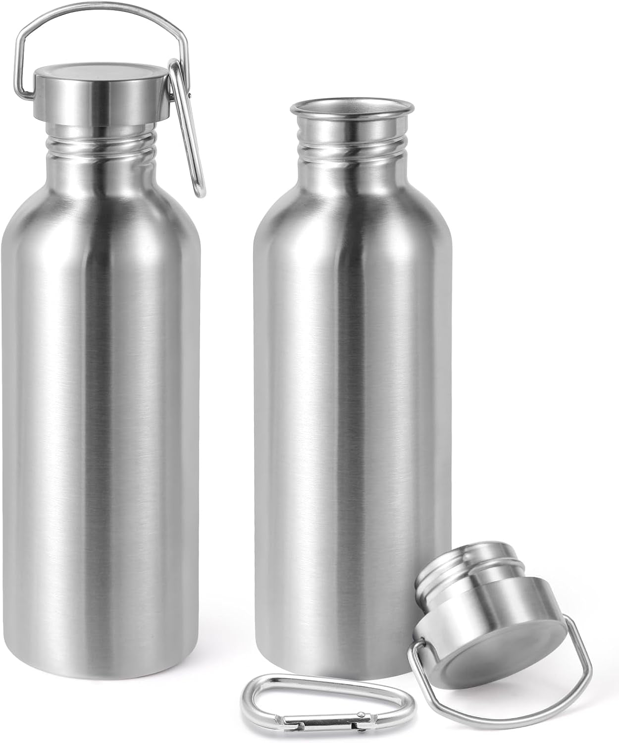 32Oz Uninsulated Single Walled Water Bottles 2 Pack, Stainless Steel Sports Water Bottle with Handle, BPA Free Lightweight Water Bottles for Hiking, Biking, Running（Silver,2）