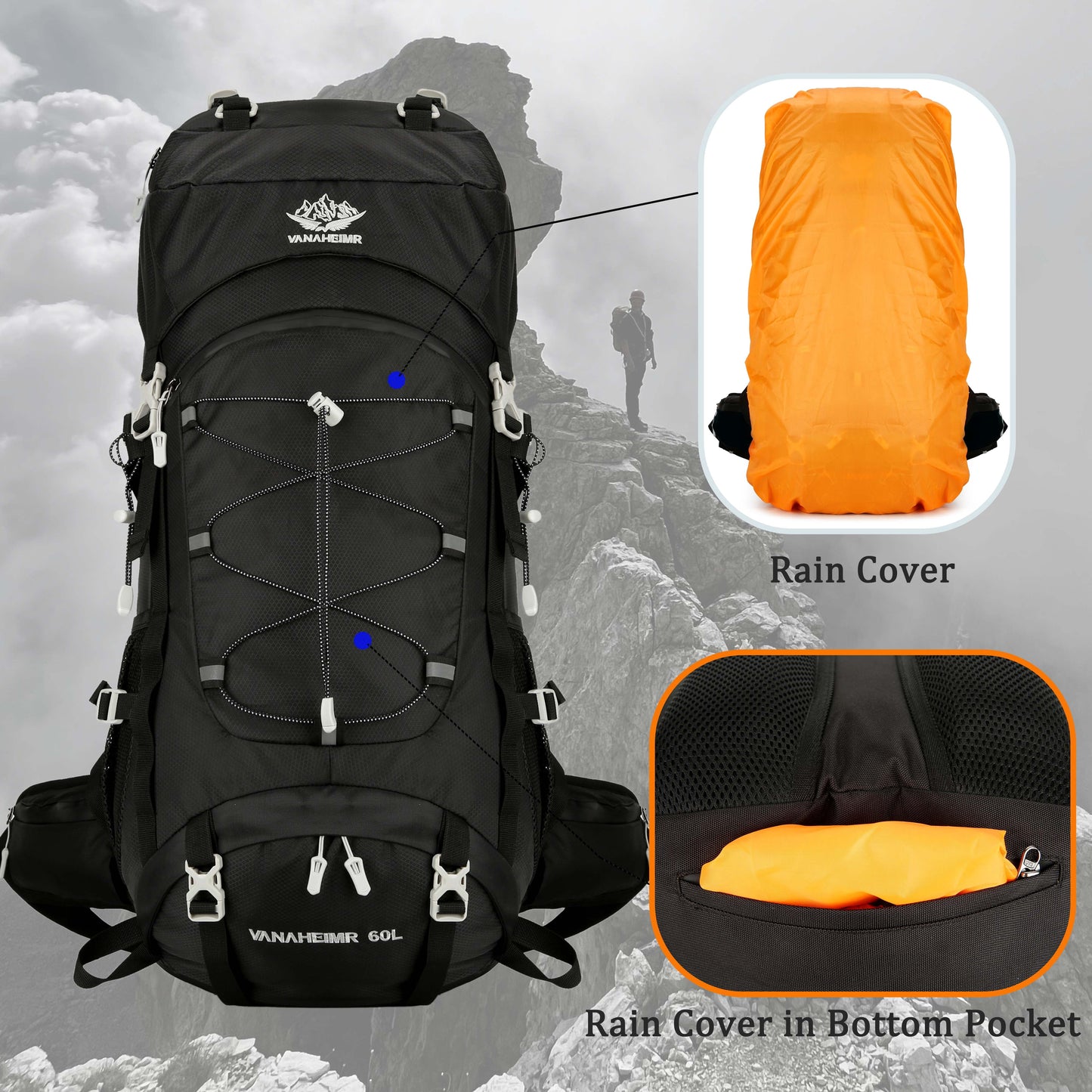 60L Travel Hiking Camping Backpack with Rain Cover, Backpack Water Resistant,Climbing Backpack for Men Women
