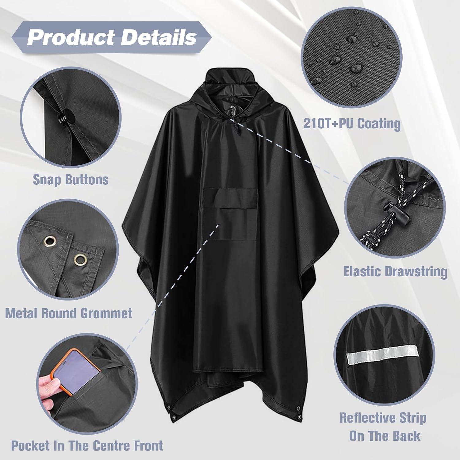 Rain Ponchos for Adults Women and Men, Waterproof Rain Coat Jacket with Hood, Pocket and Reflective Strip, Reusable Raincoat Unisex for Emergency Outdoor Camping Biking Hiking Climbing