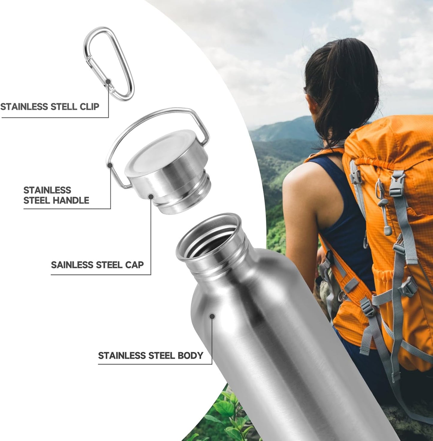 32Oz Uninsulated Single Walled Water Bottles 2 Pack, Stainless Steel Sports Water Bottle with Handle, BPA Free Lightweight Water Bottles for Hiking, Biking, Running（Silver,2）