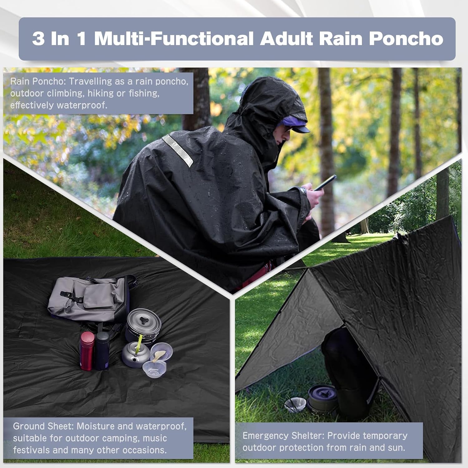 Rain Ponchos for Adults Women and Men, Waterproof Rain Coat Jacket with Hood, Pocket and Reflective Strip, Reusable Raincoat Unisex for Emergency Outdoor Camping Biking Hiking Climbing