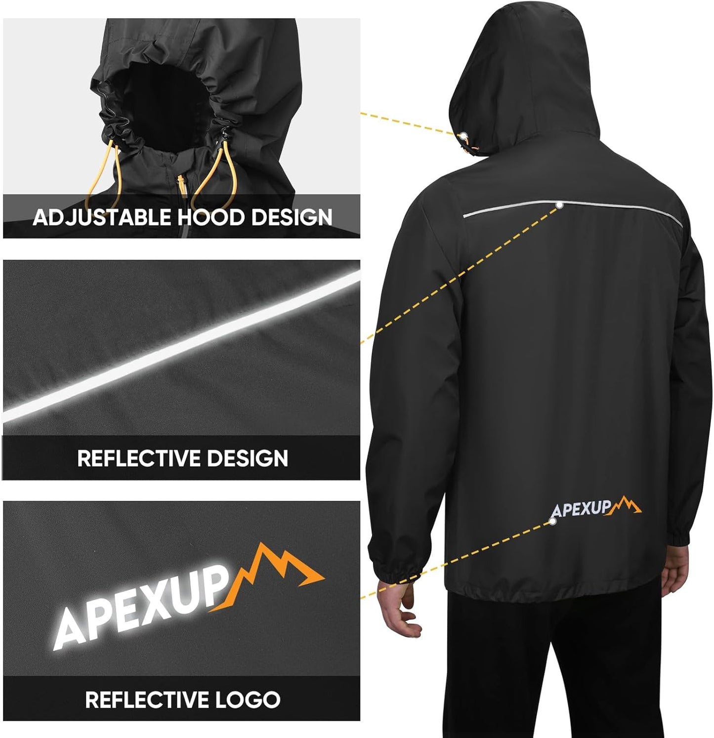 Packable Rain Jacket Men with Reflective Zipper, Lightweight Waterproof Raincoat, Mens Rain Jacket for Outdoor Sports